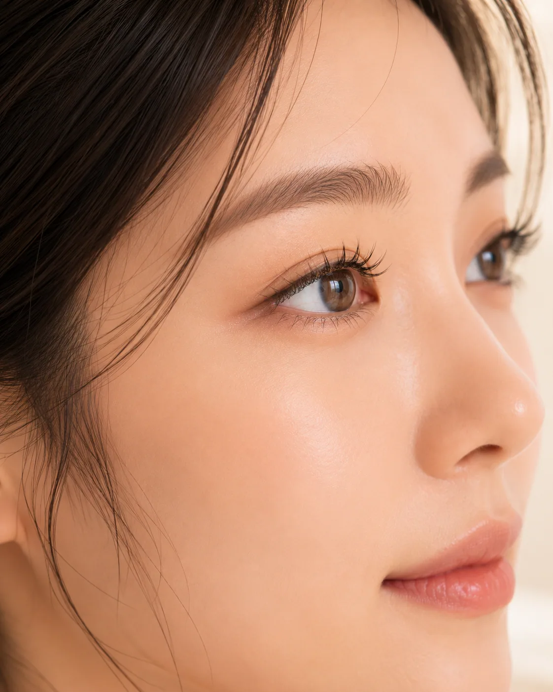 日韓系女性側臉眼部與自然睫毛細節